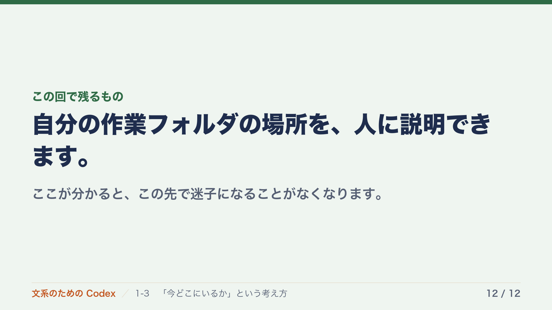 自分の作業フォルダの場所を、人に説明できます。