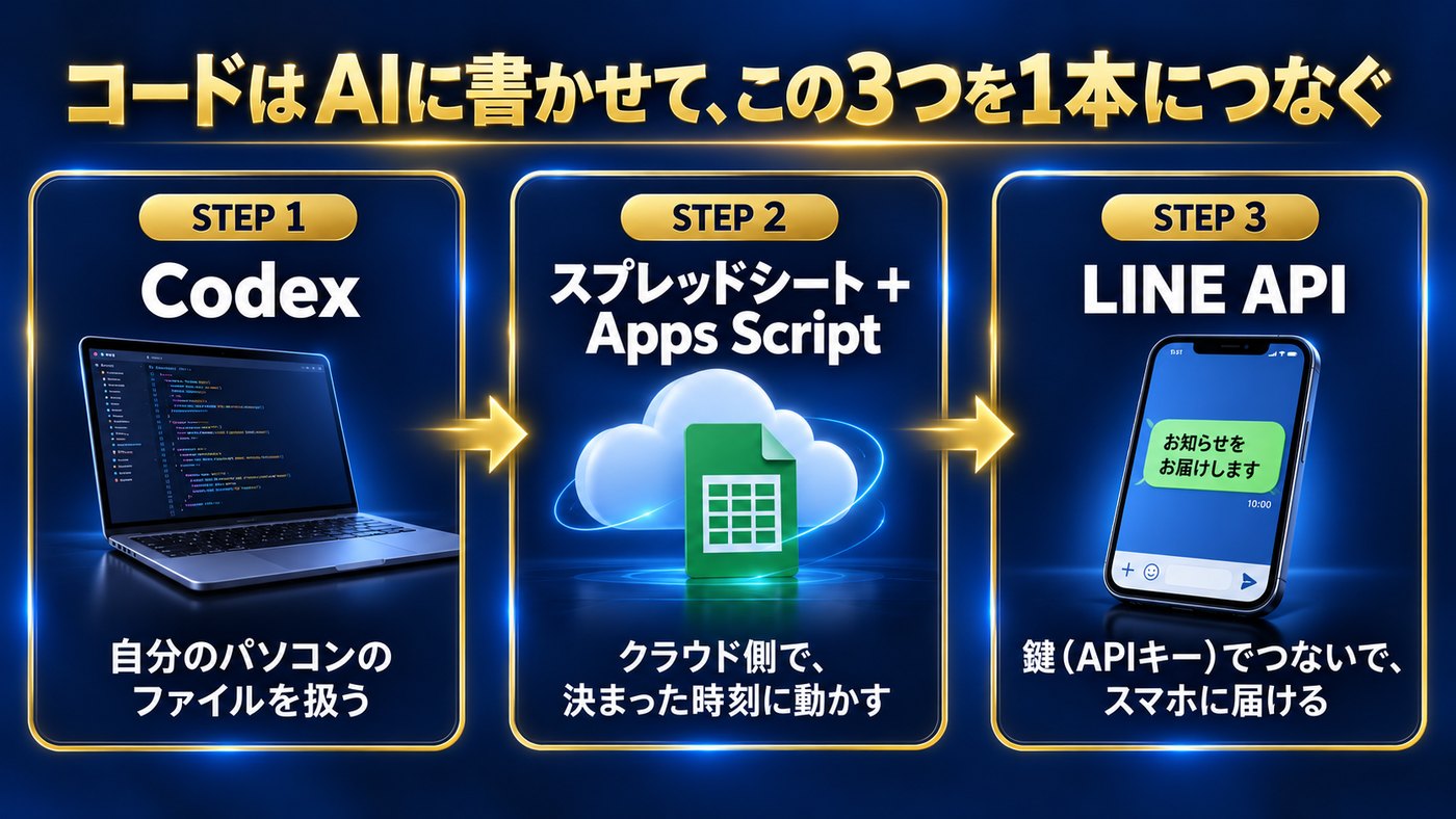 コードはAIに書かせて、この3つを1本につなぐ