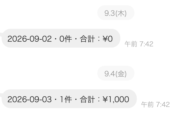 実際に届いた通知。9月2日は0件、9月3日は1件。どちらも午前7時42分。